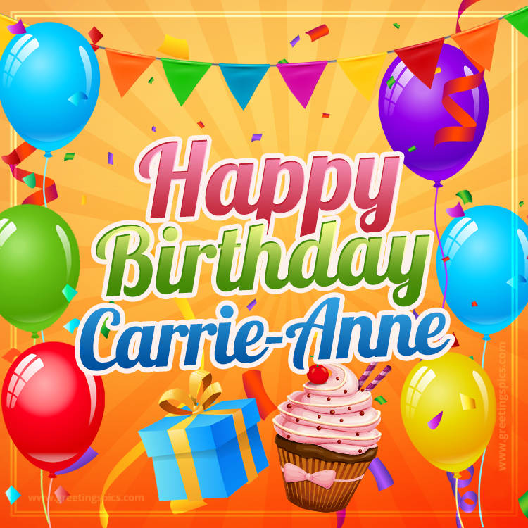 Happy Birthday Carrie-Anne eCard with gift box and cupcake (square shape image)