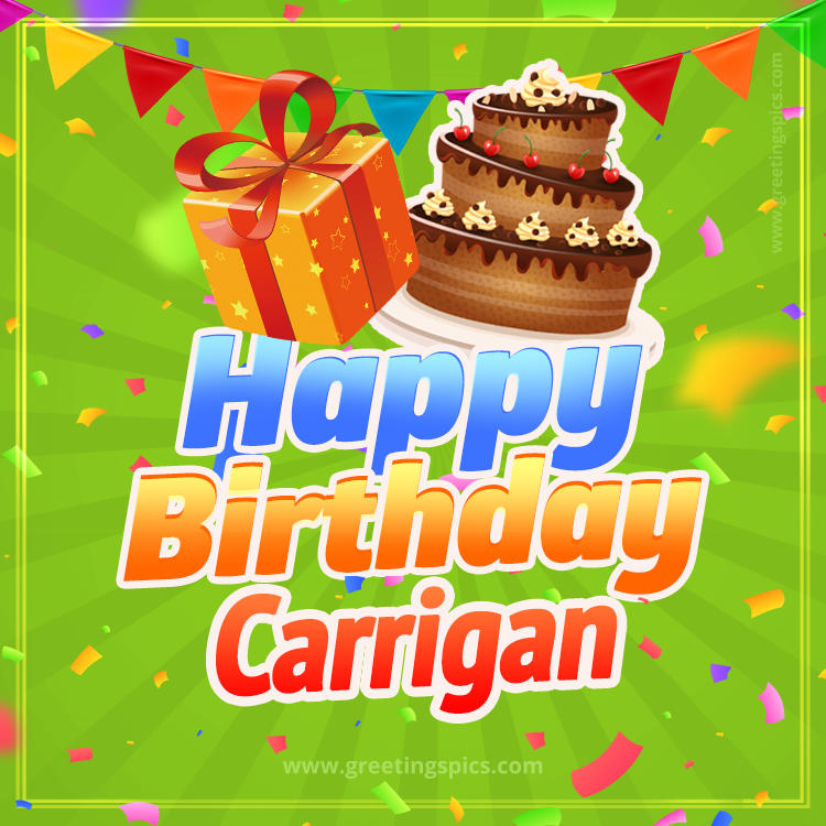 Happy Birthday Carrigan picture with flags, chocolate cake and gift box (square shape image)