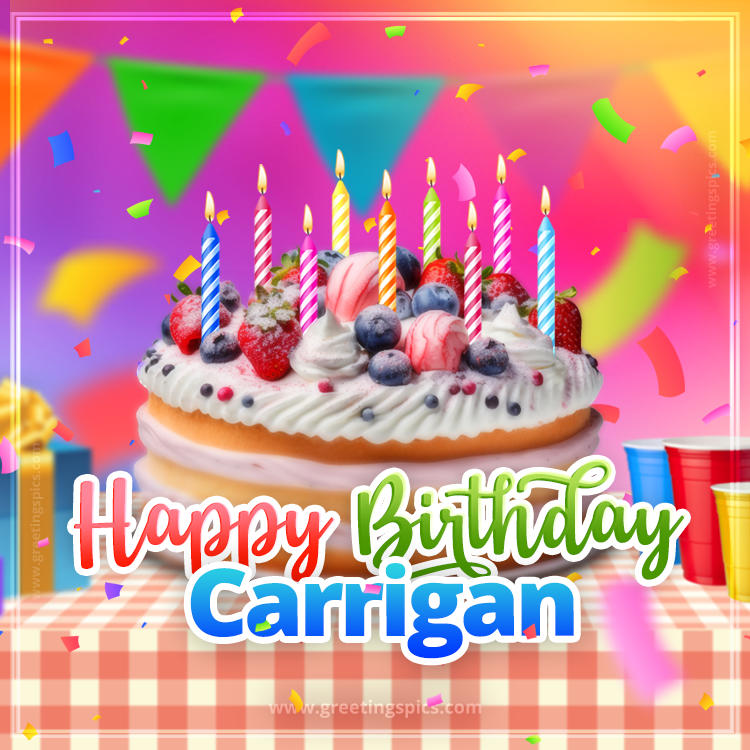 Happy Birthday Carrigan Colorful Image with fruit cake and candles (square shape image)