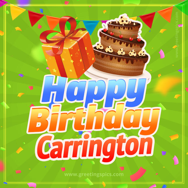 Happy Birthday Carrington picture with flags, chocolate cake and gift box (square shape image)