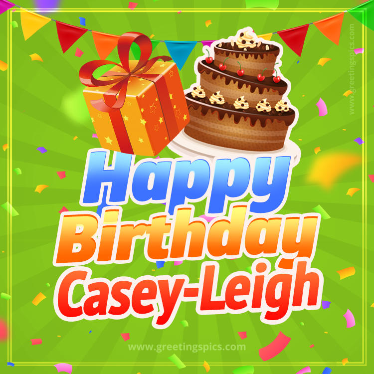 Happy Birthday Casey-Leigh picture with flags, chocolate cake and gift box (square shape image)