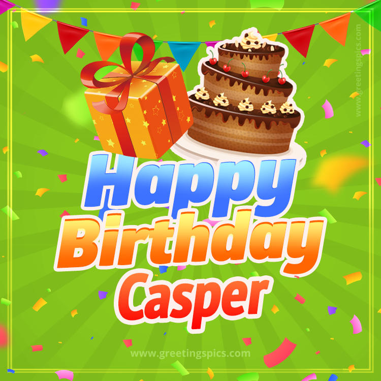 Happy Birthday Casper picture with flags, chocolate cake and gift box (square shape image)