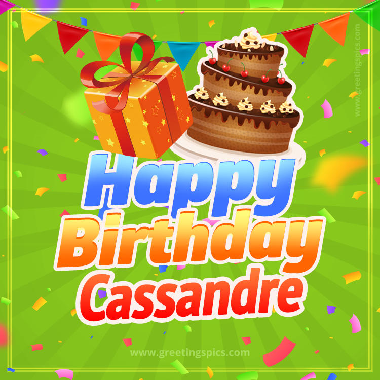 Happy Birthday Cassandre picture with flags, chocolate cake and gift box (square shape image)