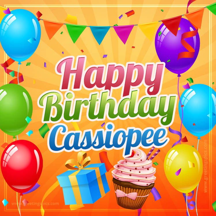 Happy Birthday Cassiopee eCard with gift box and cupcake (square shape image)
