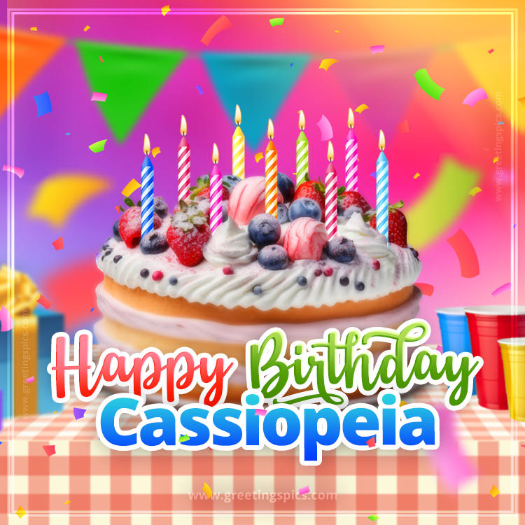 Happy Birthday Cassiopeia Colorful Image with fruit cake and candles (square shape image)