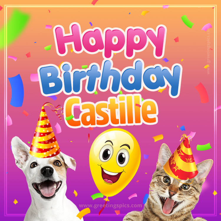 Happy Birthday Castille Funny Image with cat and dog (square shape image)