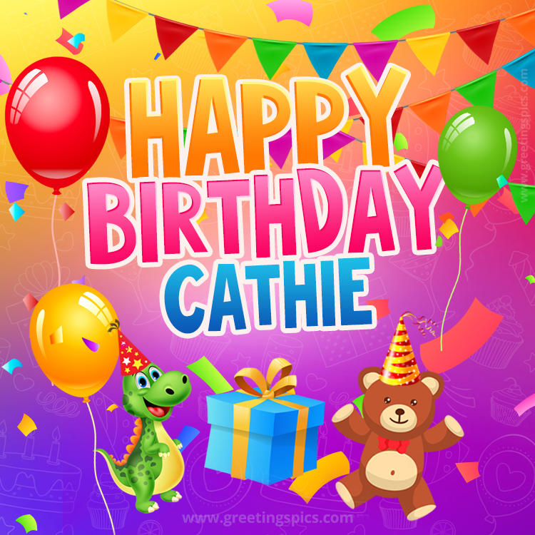 Happy Birthday Cathie Image for a child with cute dinosaur and bear (square shape image)