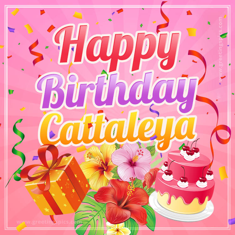 Beautiful Birthday Card for Cattaleya with Cake and bouquet of flowers (square shape image)