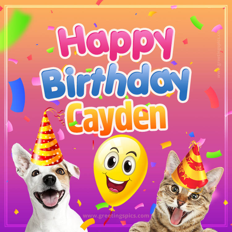 Happy Birthday Cayden Funny Image with cat and dog (square shape image)