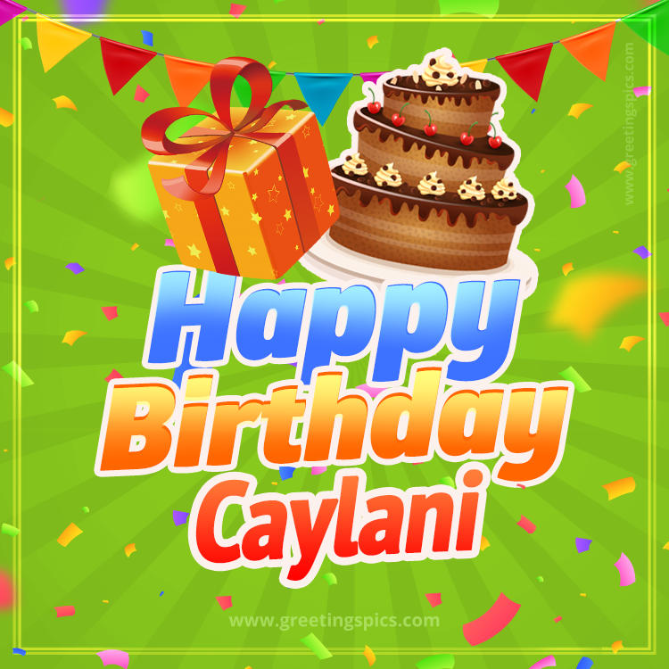 Happy Birthday Caylani picture with flags, chocolate cake and gift box (square shape image)