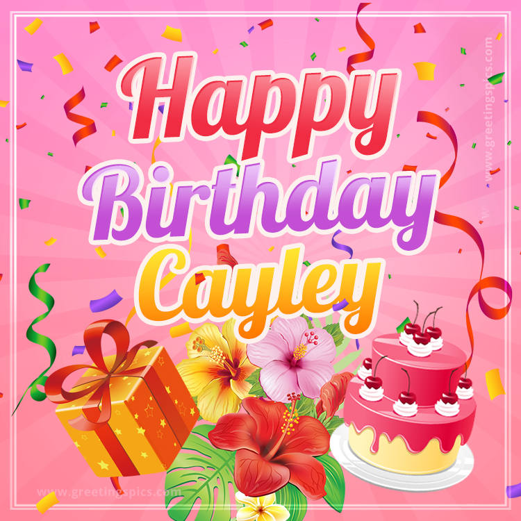 Beautiful Birthday Card for Cayley with Cake and bouquet of flowers (square shape image)