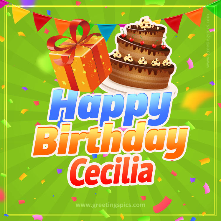 Happy Birthday Cecilia picture with flags, chocolate cake and gift box (square shape image)