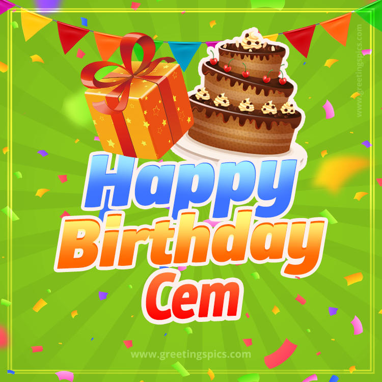 Happy Birthday Cem picture with flags, chocolate cake and gift box (square shape image)