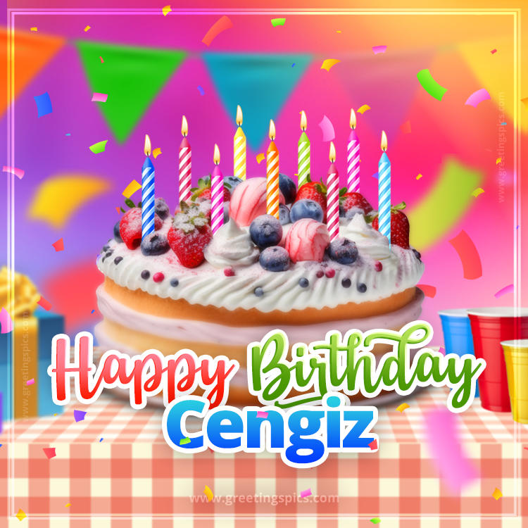 Happy Birthday Cengiz Colorful Image with fruit cake and candles (square shape image)