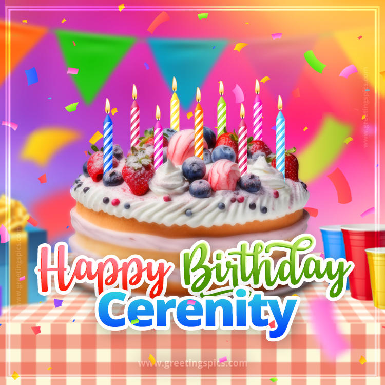 Happy Birthday Cerenity Colorful Image with fruit cake and candles (square shape image)