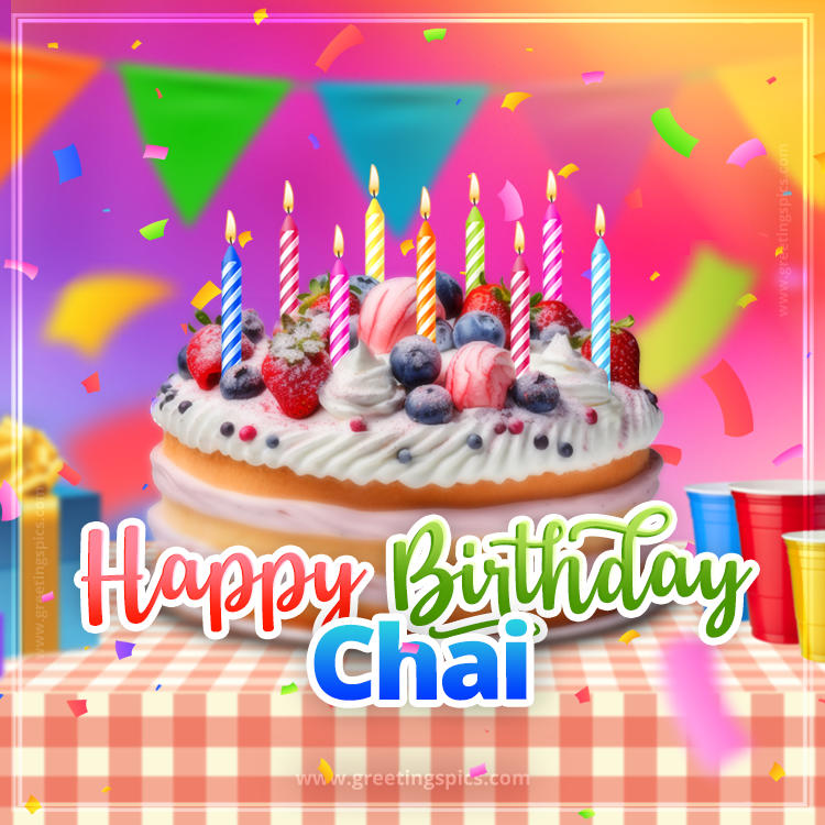 Happy Birthday Chai Colorful Image with fruit cake and candles (square shape image)