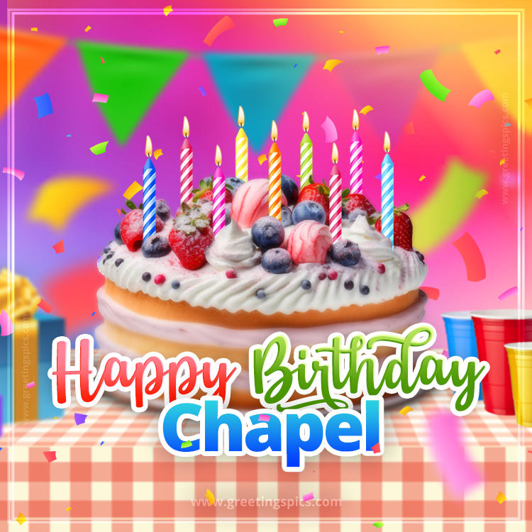 Happy Birthday Chapel Colorful Image with fruit cake and candles (square shape image)