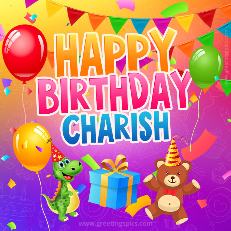 Happy Birthday Charish Image for a child with cute dinosaur and bear (square shape image)