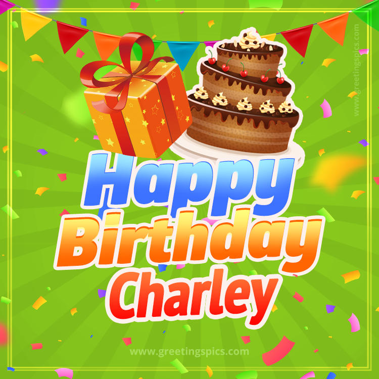Happy Birthday Charley picture with flags, chocolate cake and gift box (square shape image)