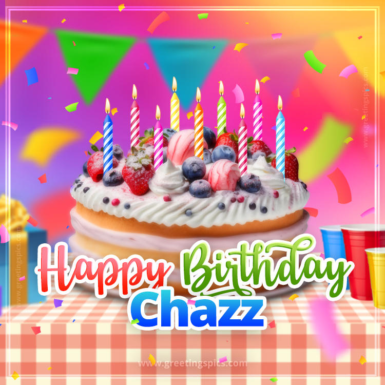 Happy Birthday Chazz Colorful Image with fruit cake and candles (square shape image)