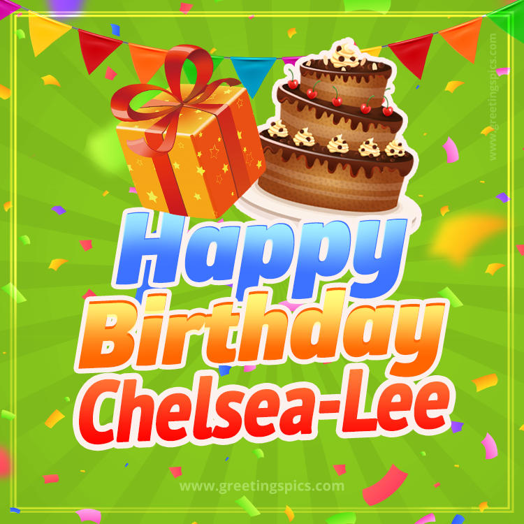 Happy Birthday Chelsea-Lee picture with flags, chocolate cake and gift box (square shape image)