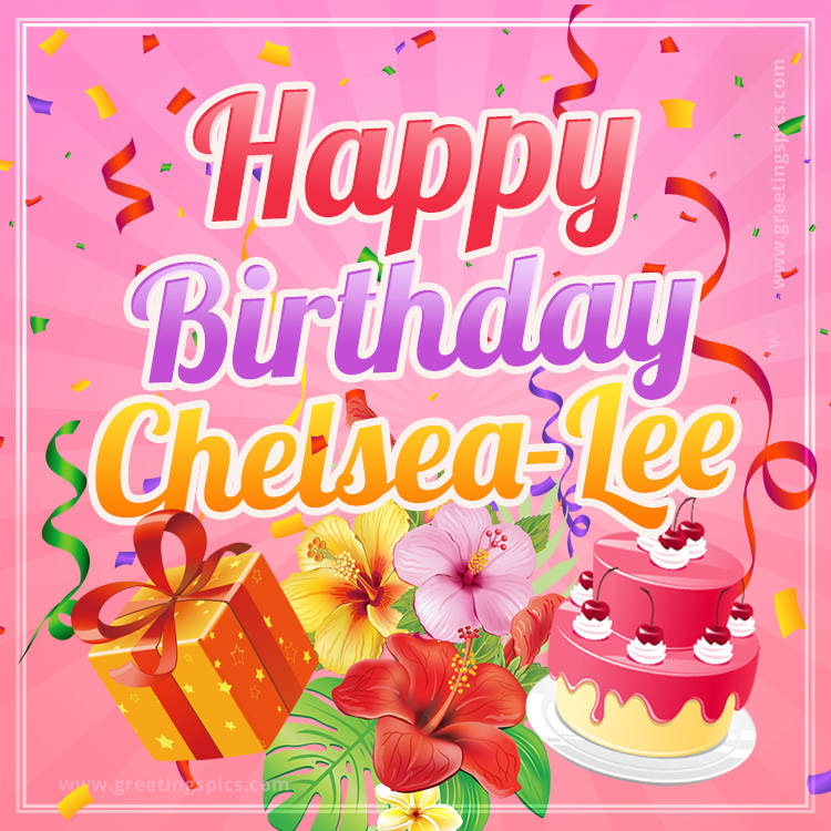 Beautiful Birthday Card for Chelsea-Lee with Cake and bouquet of flowers (square shape image)