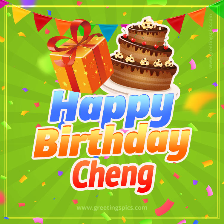 Happy Birthday Cheng picture with flags, chocolate cake and gift box (square shape image)