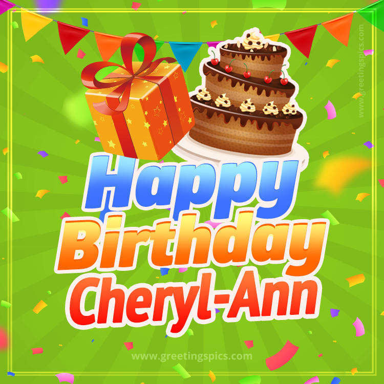 Happy Birthday Cheryl-Ann picture with flags, chocolate cake and gift box (square shape image)