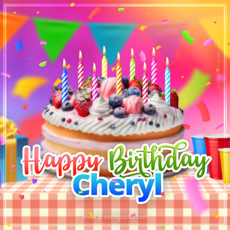 Happy Birthday Cheryl Colorful Image with fruit cake and candles (square shape image)