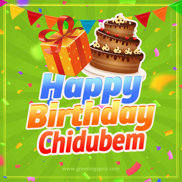 Happy Birthday Chidubem picture with flags, chocolate cake and gift box (square shape image)