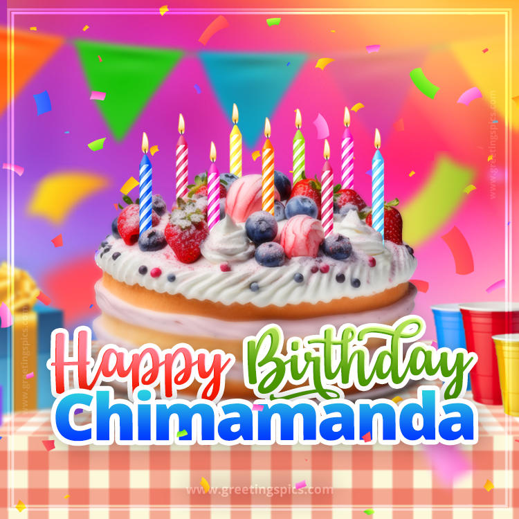 Happy Birthday Chimamanda Colorful Image with fruit cake and candles (square shape image)