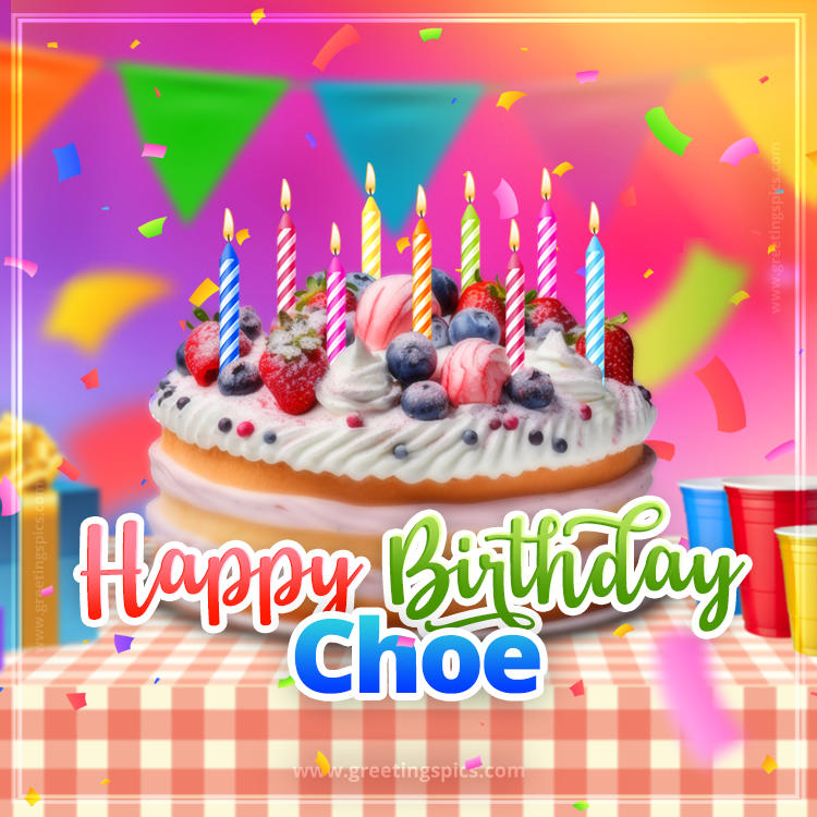 Happy Birthday Choe Colorful Image with fruit cake and candles (square shape image)