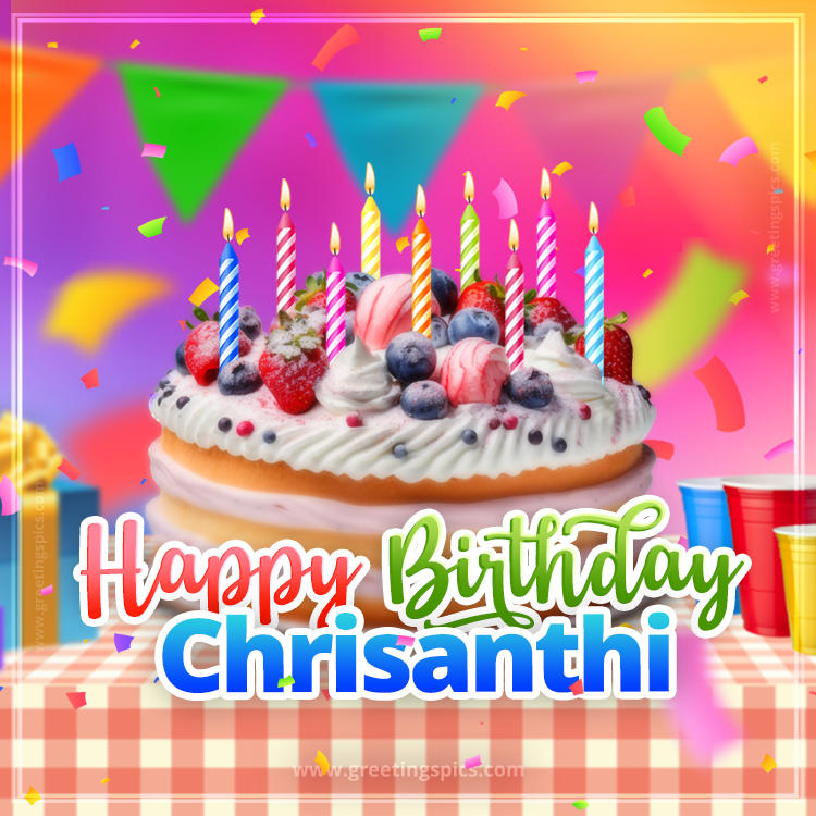 Happy Birthday Chrisanthi Colorful Image with fruit cake and candles (square shape image)