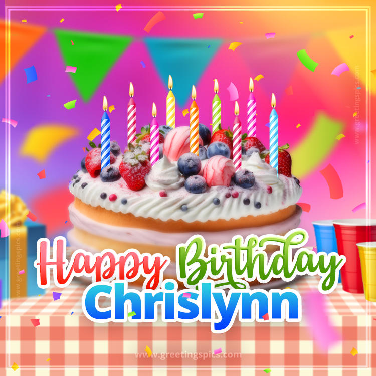 Happy Birthday Chrislynn Colorful Image with fruit cake and candles (square shape image)