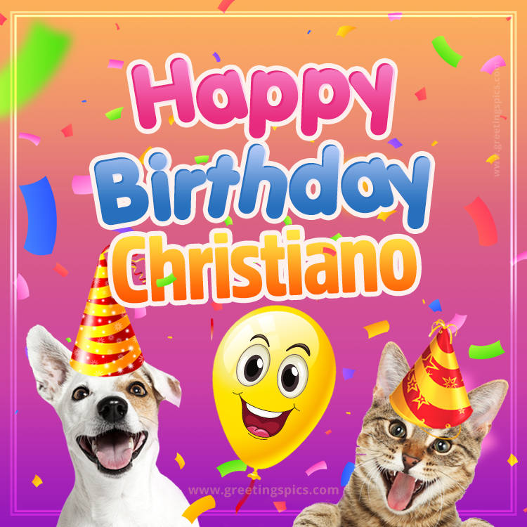 Happy Birthday Christiano Funny Image with cat and dog (square shape image)