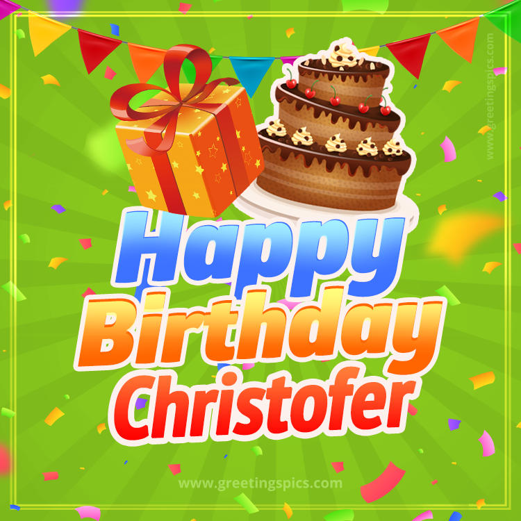 Happy Birthday Christofer picture with flags, chocolate cake and gift box (square shape image)