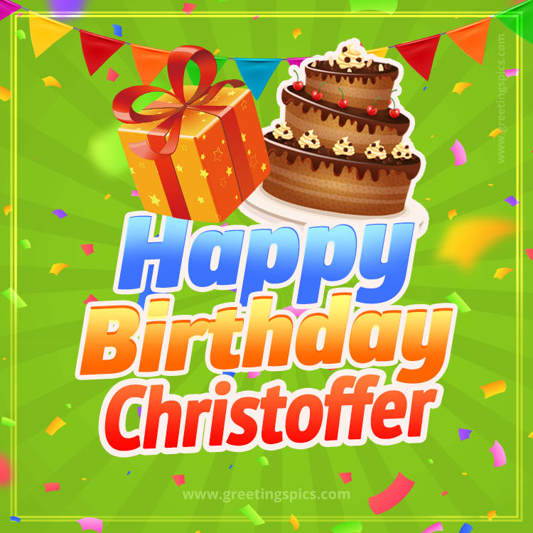 Happy Birthday Christoffer picture with flags, chocolate cake and gift box (square shape image)