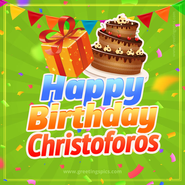 Happy Birthday Christoforos picture with flags, chocolate cake and gift box (square shape image)