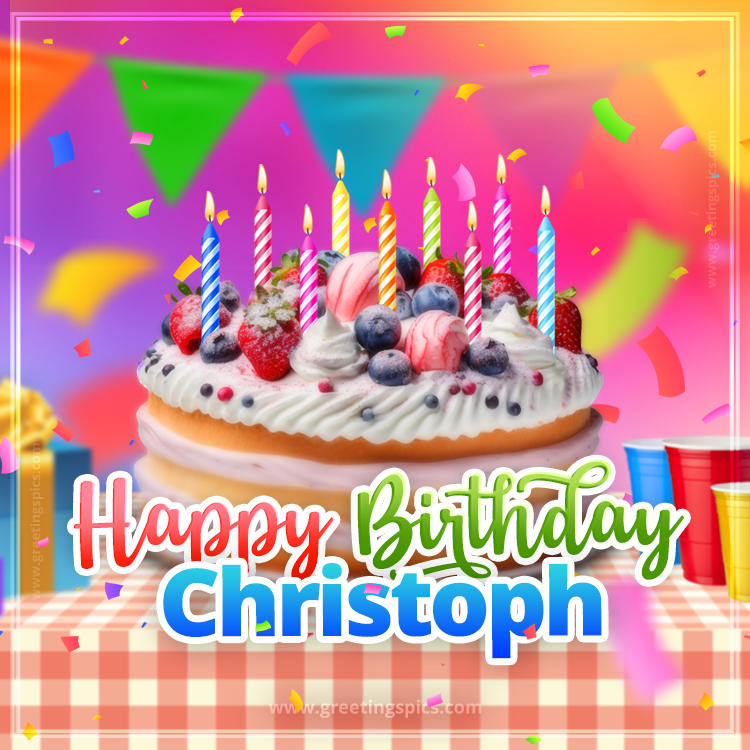 Happy Birthday Christoph Colorful Image with fruit cake and candles (square shape image)