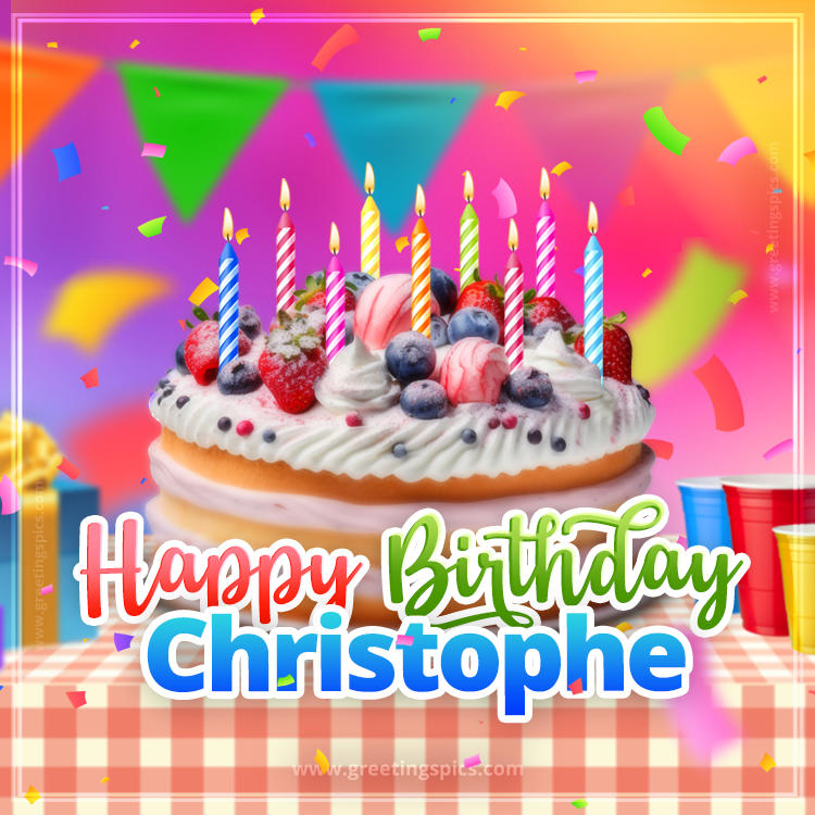 Happy Birthday Christophe Colorful Image with fruit cake and candles (square shape image)