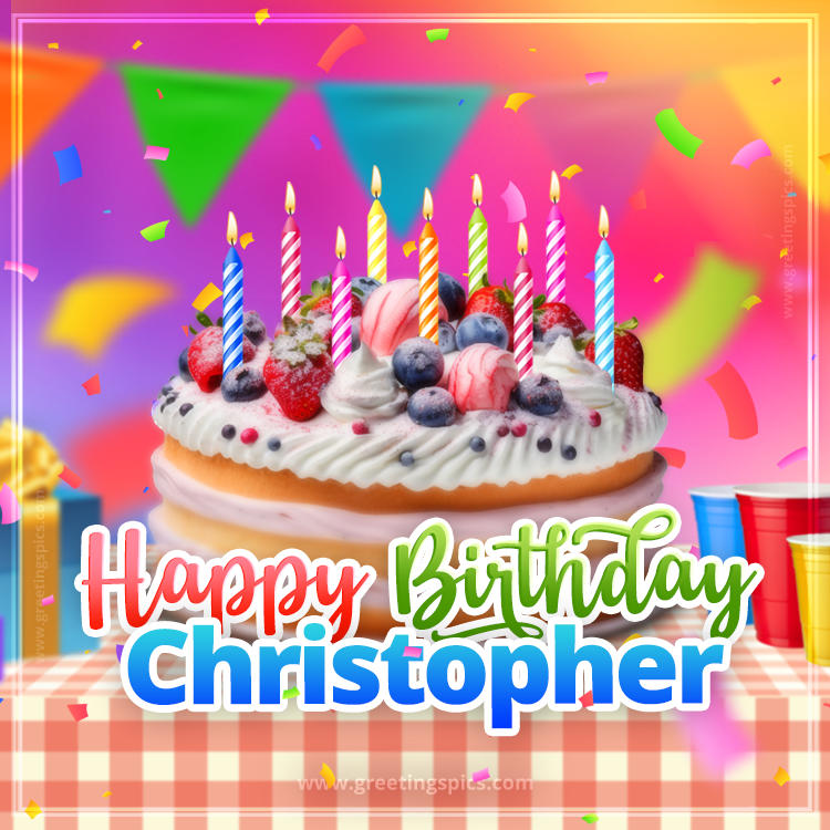 Happy Birthday Christopher Colorful Image with fruit cake and candles (square shape image)