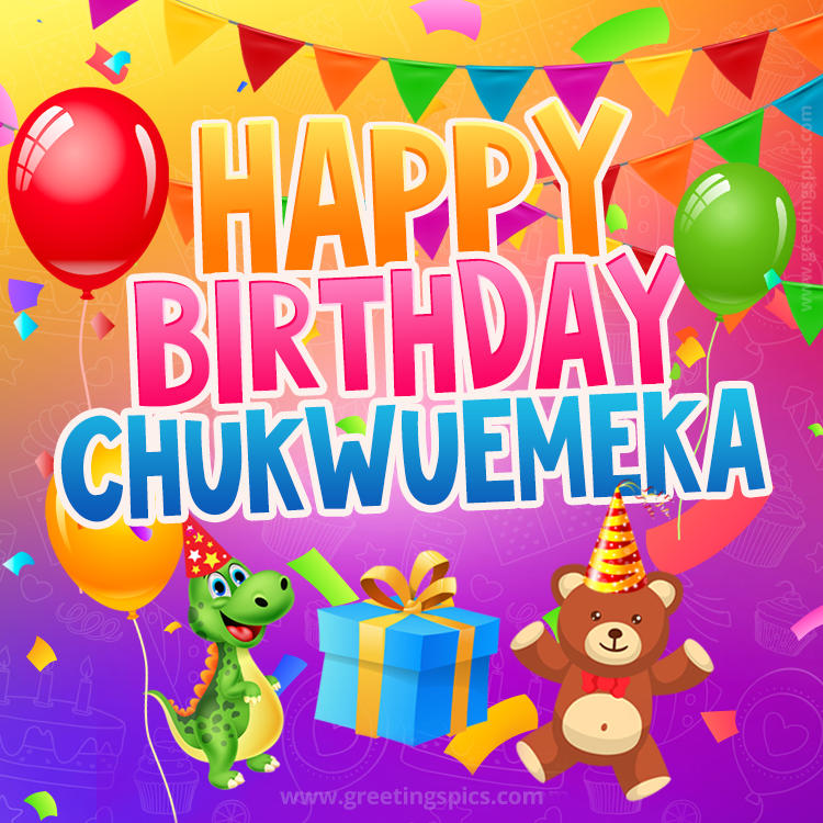 Happy Birthday Chukwuemeka Image for a child with cute baby dinosaur and bear (square shape image)