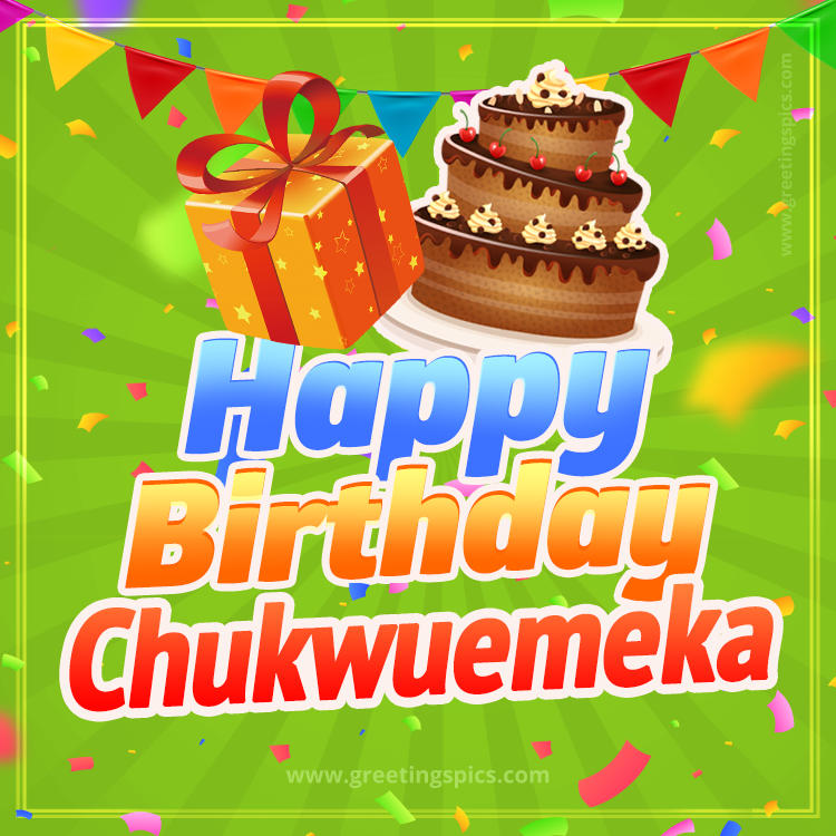 Happy Birthday Chukwuemeka picture with flags, chocolate cake and gift box (square shape image)