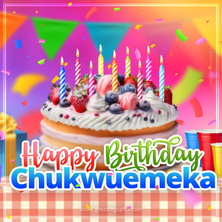 Happy Birthday Chukwuemeka Colorful Image with fruit cake and candles (square shape image)