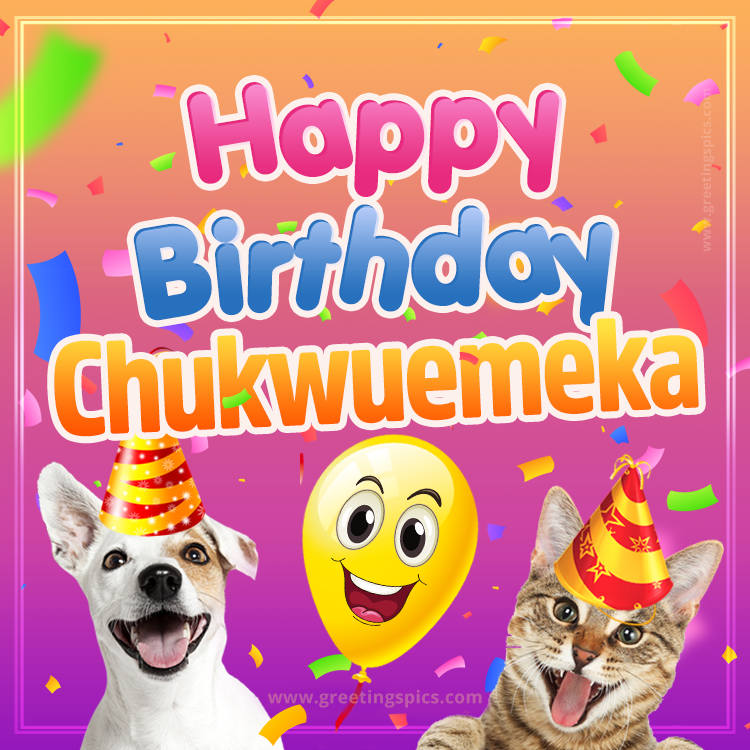 Happy Birthday Chukwuemeka Funny Image with cat and dog (square shape image)