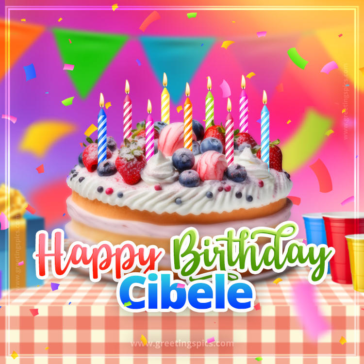 Happy Birthday Cibele Colorful Image with fruit cake and candles (square shape image)