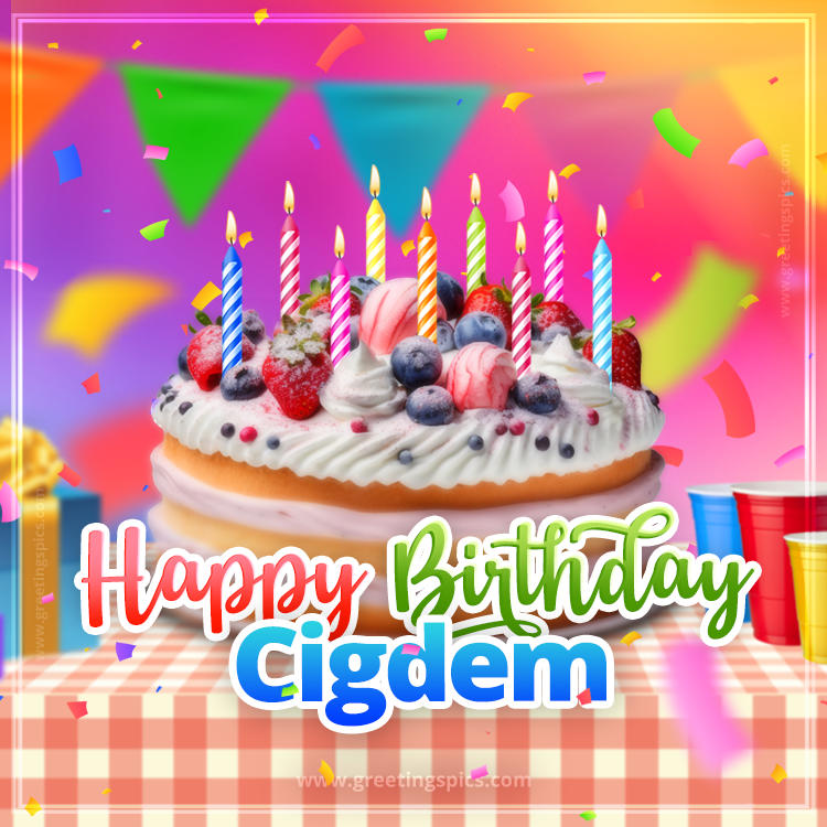 Happy Birthday Cigdem Colorful Image with fruit cake and candles (square shape image)