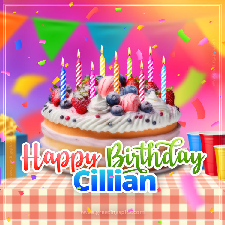 Happy Birthday Cillian Colorful Image with fruit cake and candles (square shape image)