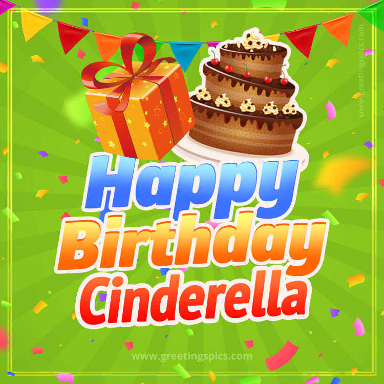 Happy Birthday Cinderella picture with flags, chocolate cake and gift box (square shape image)