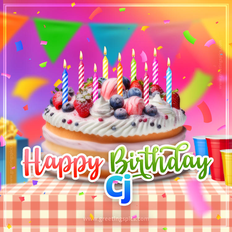 Happy Birthday Cj Colorful Image with fruit cake and candles (square shape image)